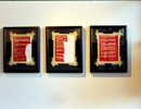 Close-up of three beaded Indian Act pages